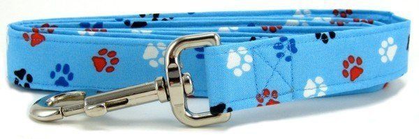 Aqua red, white, & blue paws leash (size: Xsmall)